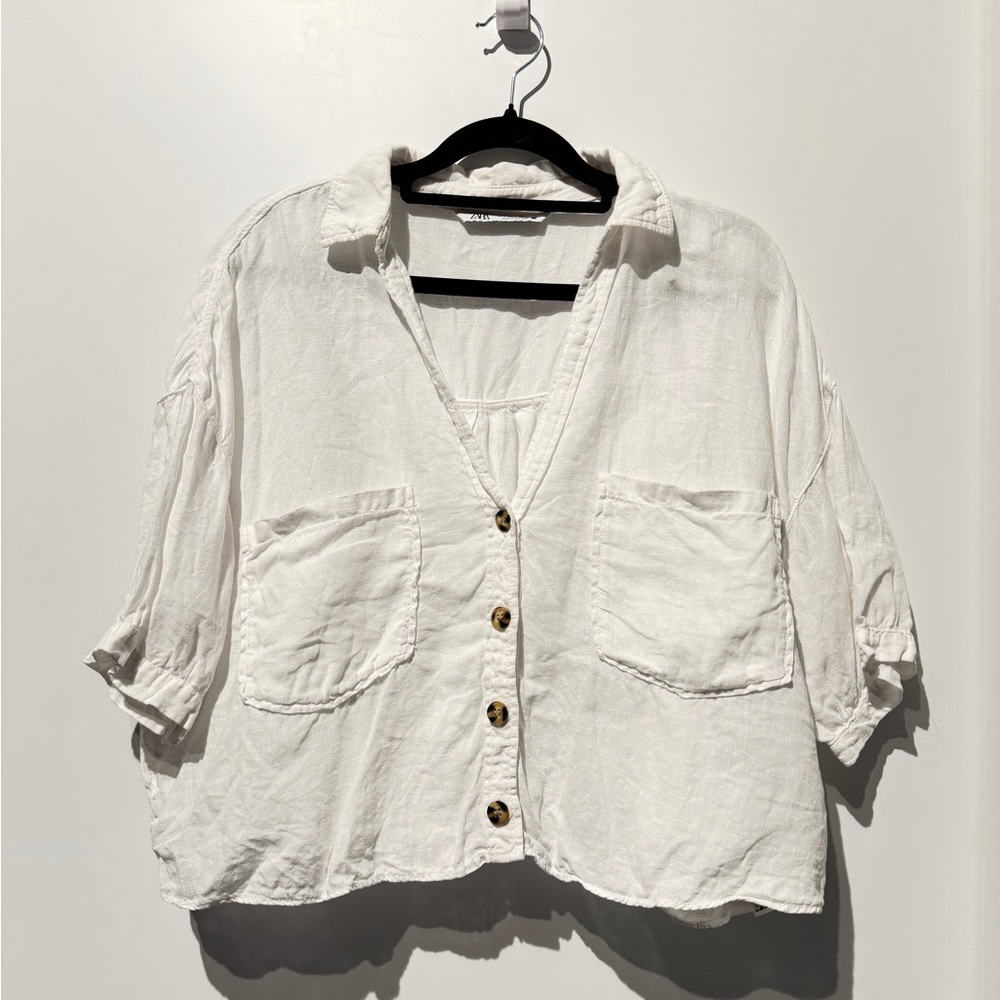 Zara White Linen Blend Button-Up Blouse with Front Pockets